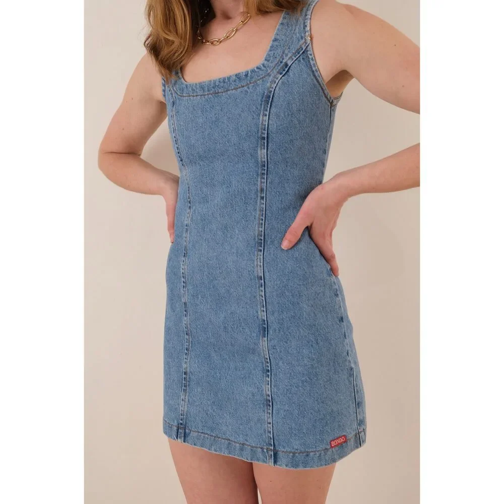 Vintage 90s Medium Wash Cotton Denim Paneled Sleeveless Mini Dress - Picture 1 of 8